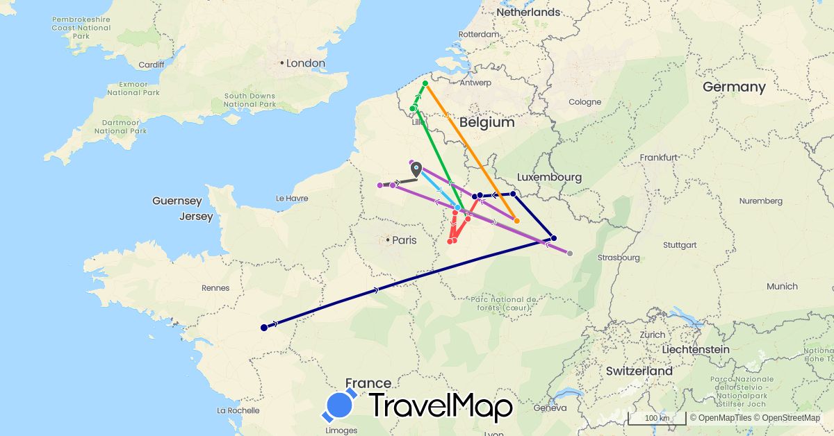 TravelMap itinerary: driving, bus, plane, train, hiking, boat, hitchhiking, motorbike in Belgium, France (Europe)